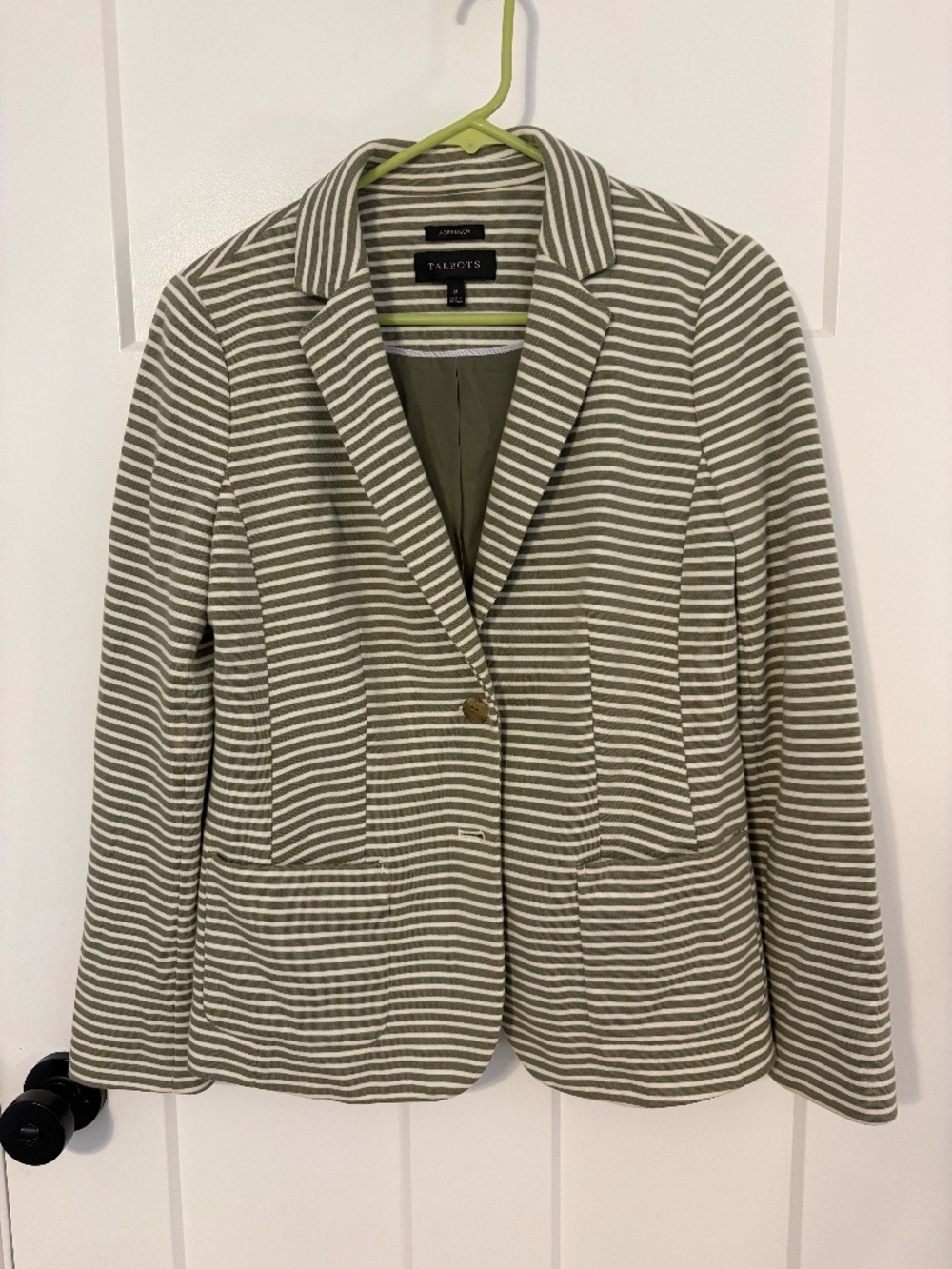 TALBOTS ABERDEEN KNIT BLAZER GREEN STRIPE PIQUE WOMENS LINED BUTTON FRONT 8 NWOT
